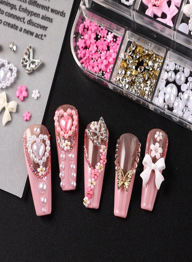 BSBTBZ 3D Nail Charms and Gems Set - 12 Grid Butterfly Charm Glitter Rhinestones Small Flower Steel Beads Pearl Bow DIY Mixed Nail Art Accessories Cute Butterflies Supplies DIY for Floral Manicure Craft - Image 5
